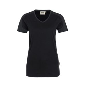 Damen V-Shirt Contrast Mikralinar, schwarz/anthrazit